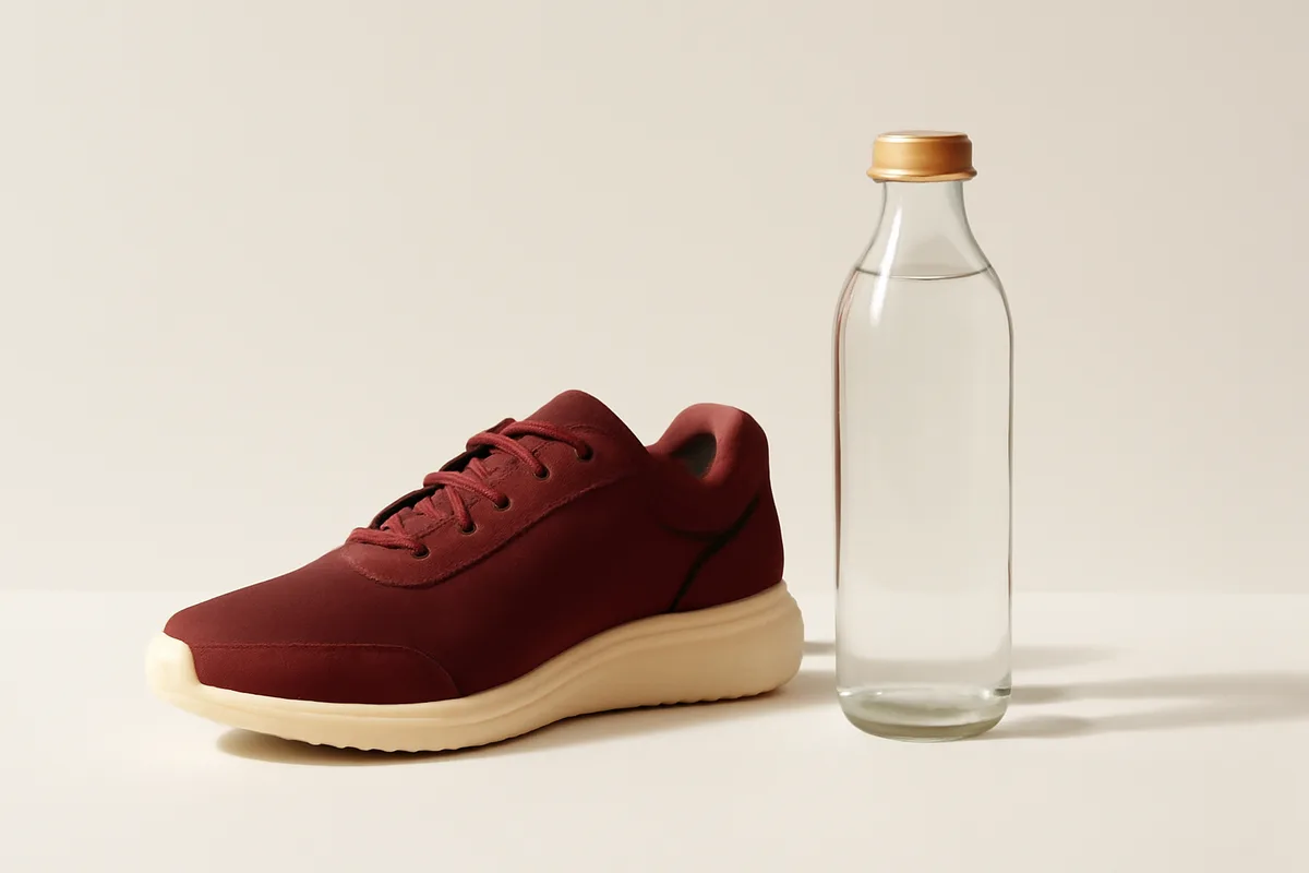Zapatilla deportiva sencilla y una botella de agua de cristal sin etiqueta, sobre fondo blanco con luz suave