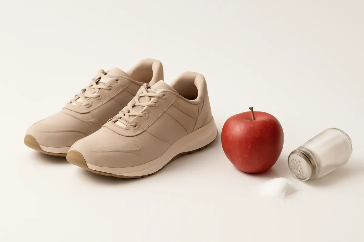 Par de zapatillas de caminar, una manzana y un salero volcado con la sal contenida sobre una superficie clara