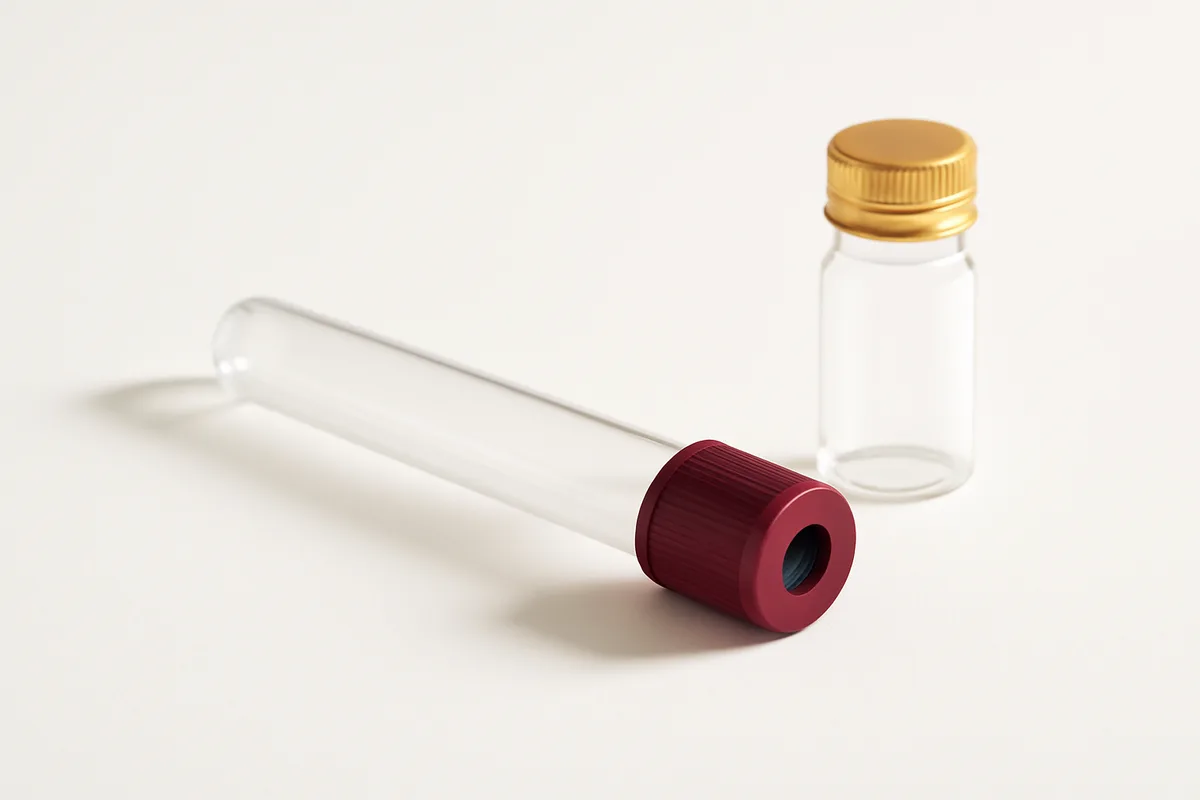 Tubo de análisis de sangre vacío y un vial de tapón de rosca sobre una superficie blanca, iluminados con luz suave y sin ninguna etiqueta visible
