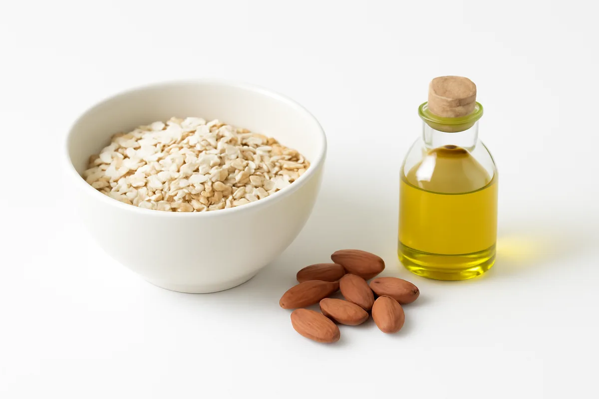 Cuenco blanco con copos de avena, un puñado de almendras y una botella pequeña de aceite de oliva sin etiqueta, sobre fondo blanco