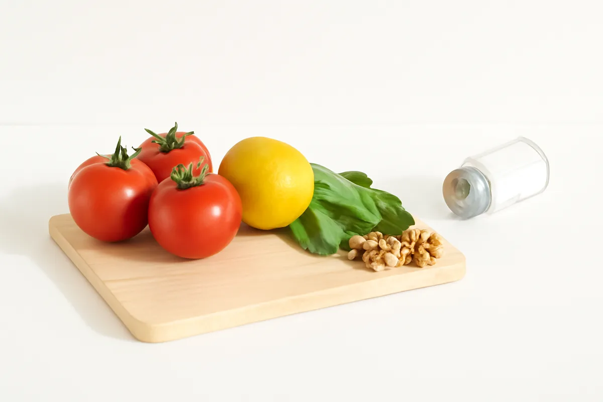 Tomates, un limón, hojas de espinaca y un puñado de nueces sobre una tabla clara, junto a un salero volcado casi vacío