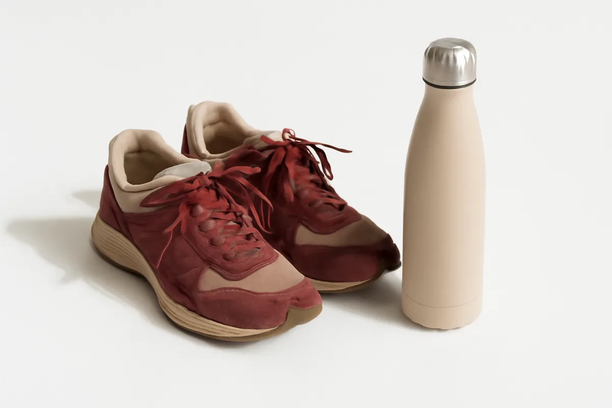 Zapatillas de andar usadas y una botella de agua reutilizable sobre fondo blanco