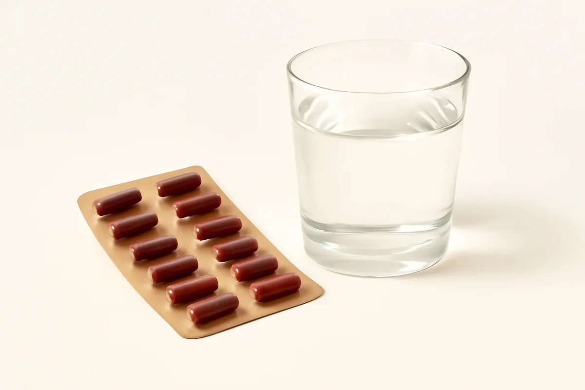 Blíster genérico sin marcar junto a un vaso de agua sobre fondo blanco