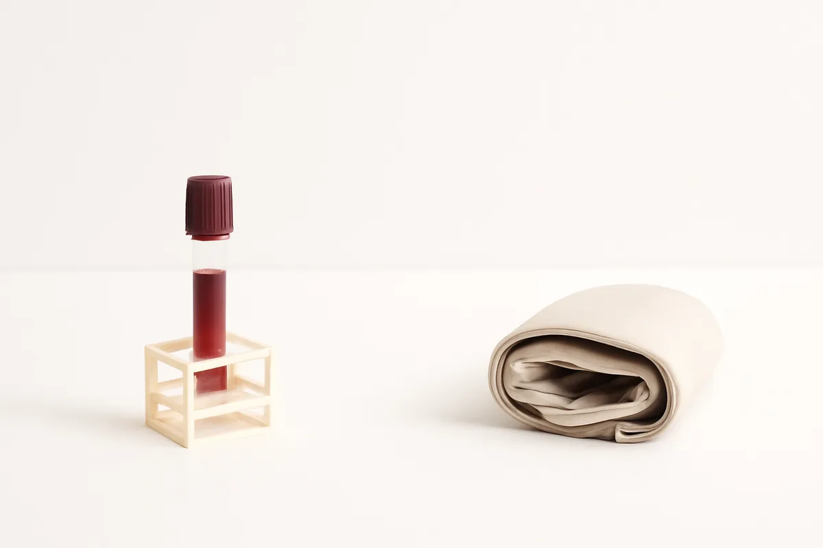 Dos objetos alineados sobre fondo blanco, muy separados: a la izquierda un tubo de análisis de sangre con tapón granate apoyado en una gradilla pequeña, a la derecha un manguito de tensión doblado; sin aparato, sin pantallas, sin texto