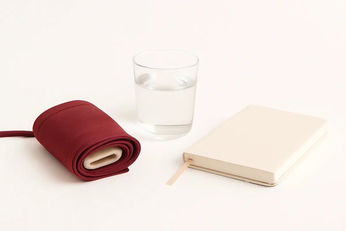 Manguito de tensiómetro enrollado junto a un vaso de agua y una libreta cerrada sobre fondo blanco