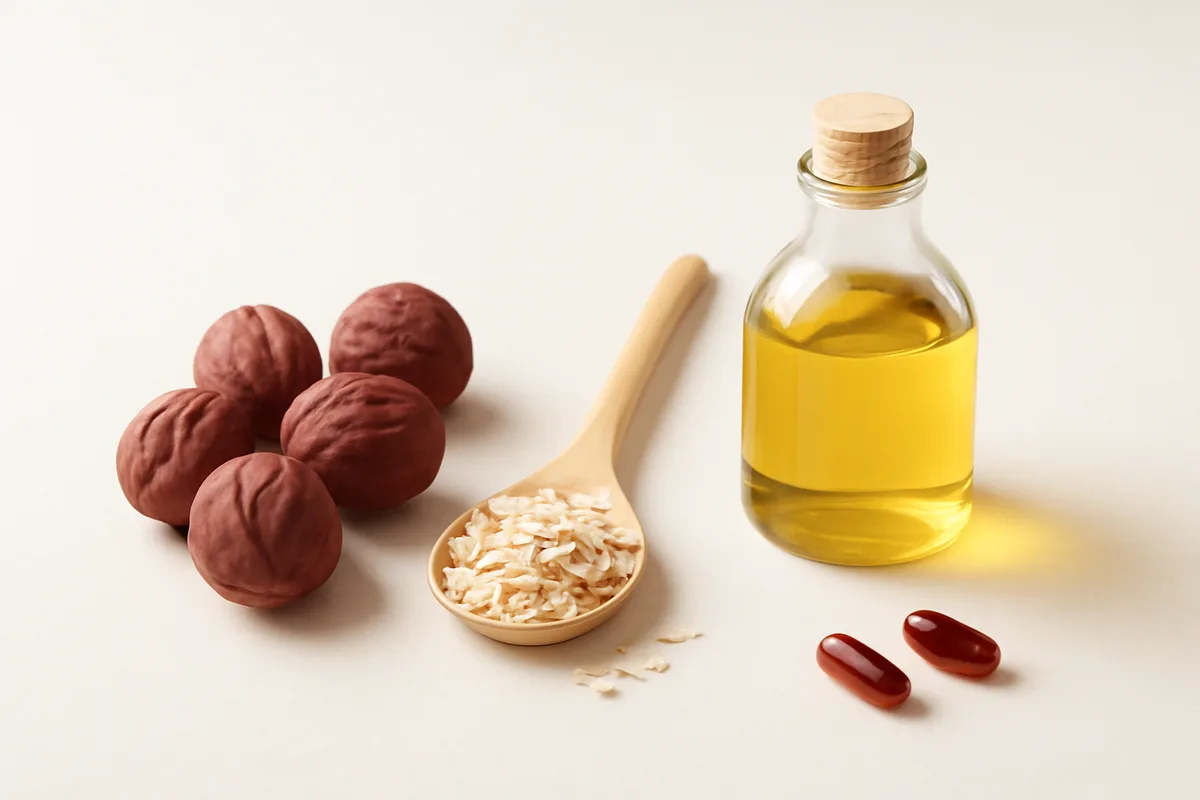 Bodegón con un puñado de nueces, una cucharada de avena, un frasco de aceite vegetal y dos cápsulas sueltas sobre una mesa clara