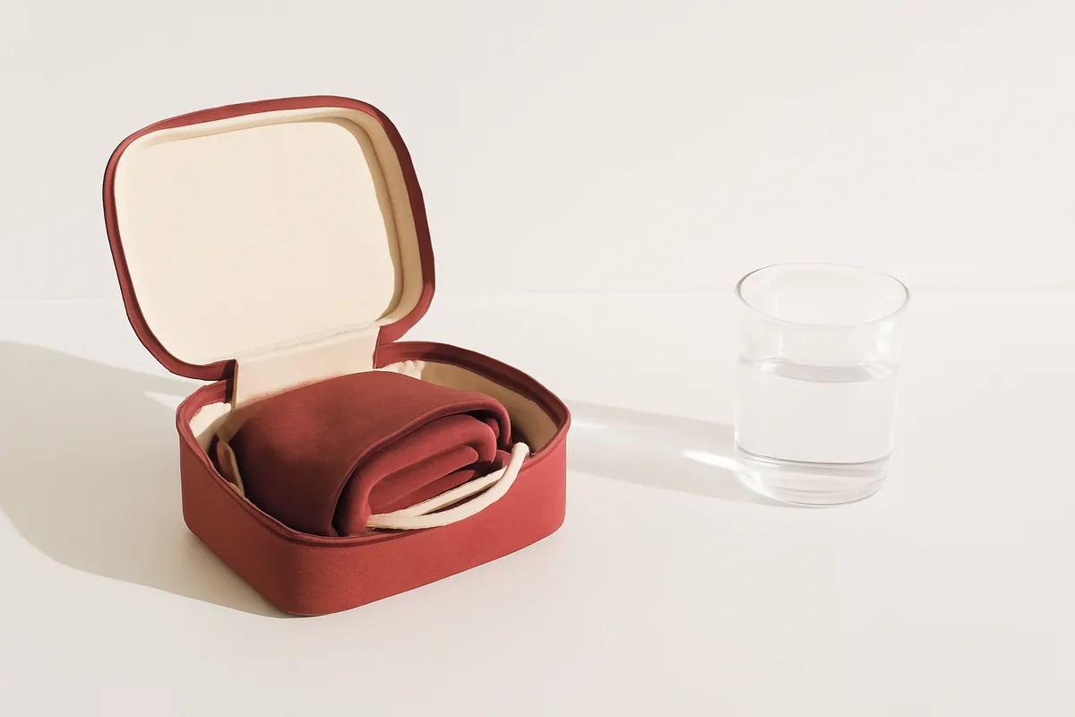 Estuche abierto de un tensiómetro de brazo con el manguito recogido y un vaso de agua sobre una mesa blanca