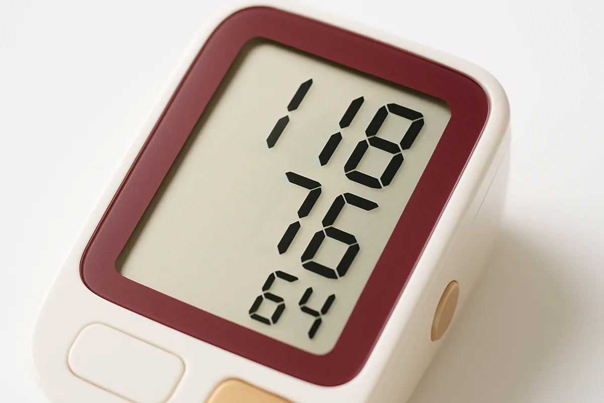 Primer plano macro de la pantalla LCD de un tensiómetro de brazo en ángulo, que ocupa casi todo el encuadre, con la lectura nítida 118 arriba, 76 en medio y 64 abajo en dígitos grandes; el resto del aparato desenfocado, sin vaso ni manguito